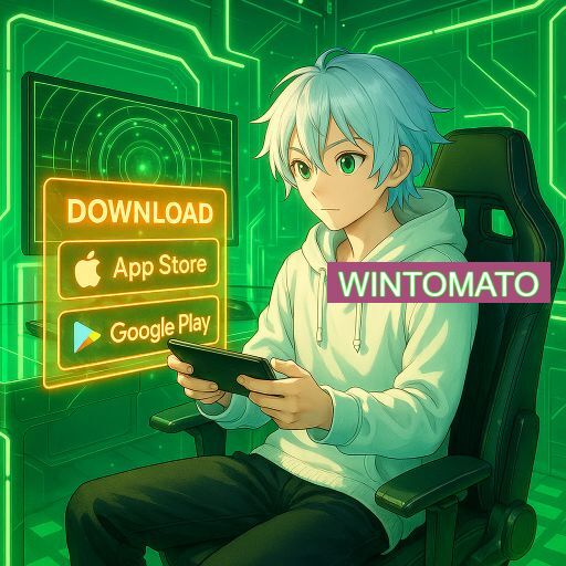Imagem promocional do app oficial WINTOMATO destacando a conveniência de jogar cassino online pelo celular ou navegador